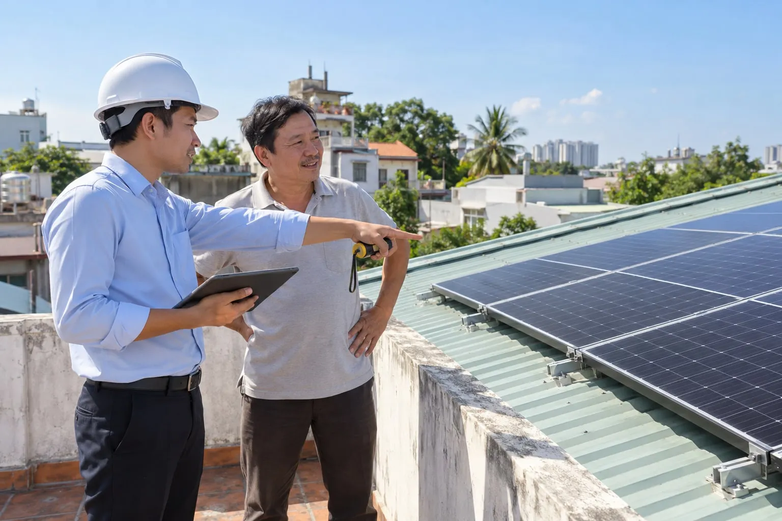 Kỹ sư khảo sát mái nhà cùng chủ nhà